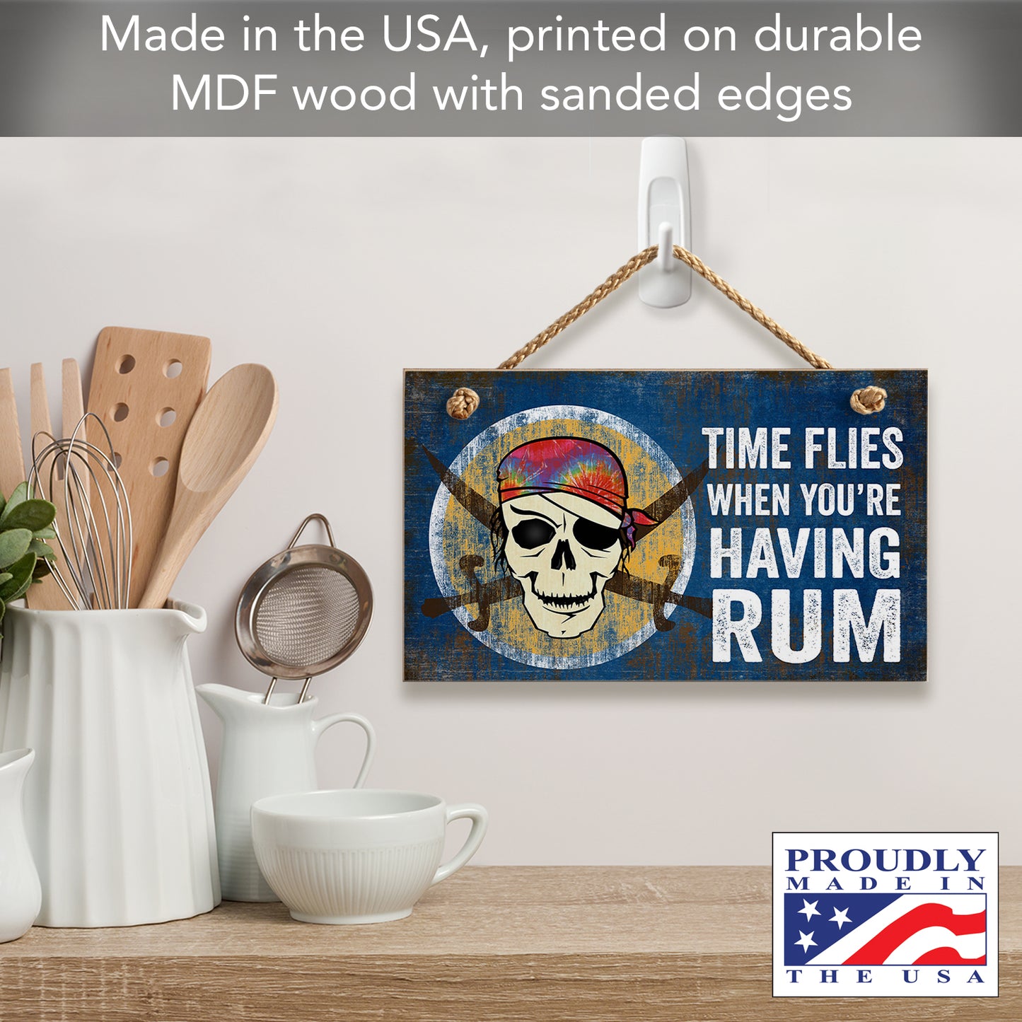 CounterArt Time Flies Decorative Hanging Wood Wall Sign 9.5” x 5.75” Made in the USA Features Braided Rope Hanger