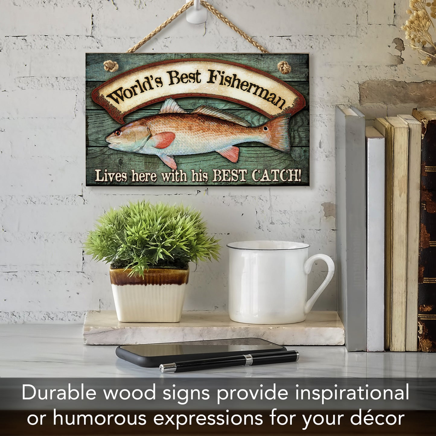 CounterArt World's Best Fisherman Decorative Hanging Wood Wall Sign 9.5” x 5.75” Made in the USA Features Braided Rope Hanger
