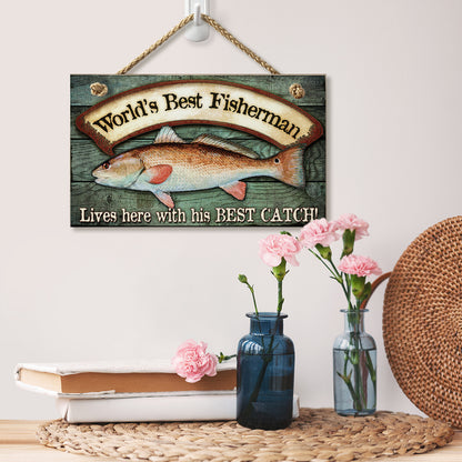 CounterArt World's Best Fisherman Decorative Hanging Wood Wall Sign 9.5” x 5.75” Made in the USA Features Braided Rope Hanger