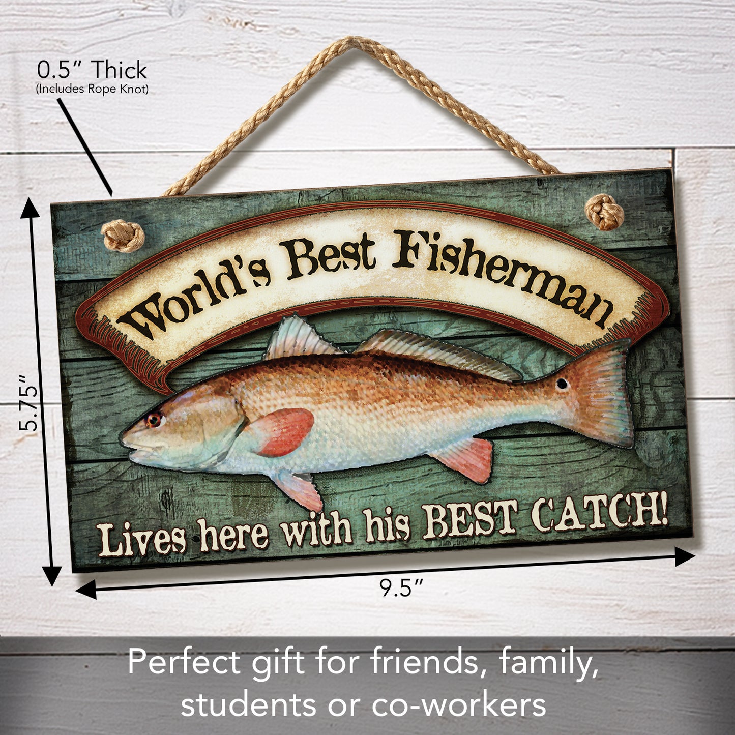 CounterArt World's Best Fisherman Decorative Hanging Wood Wall Sign 9.5” x 5.75” Made in the USA Features Braided Rope Hanger