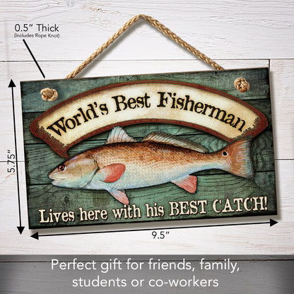 CounterArt World's Best Fisherman Decorative Hanging Wood Wall Sign 9.5” x 5.75” Made in the USA Features Braided Rope Hanger