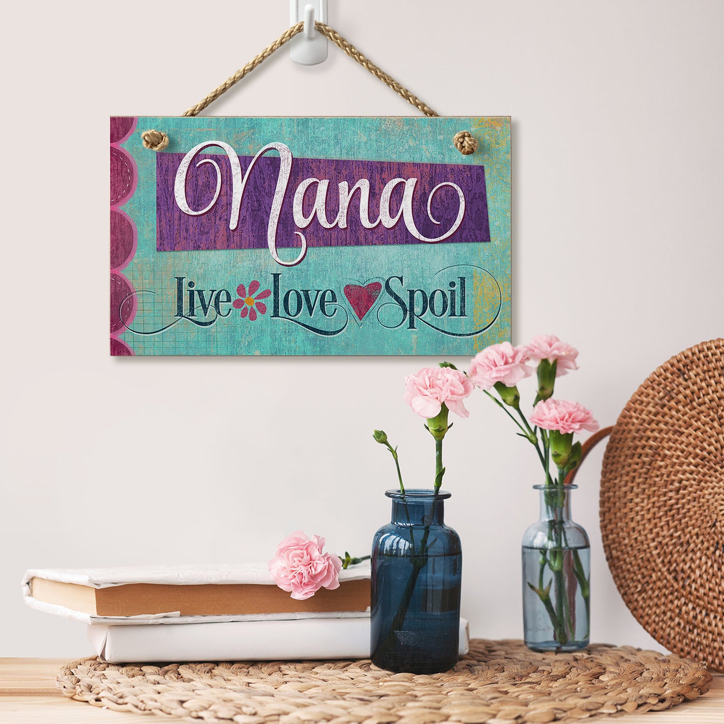 CounterArt Nana Live Love Spoil Decorative Hanging Wood Wall Sign 9.5” x 5.75” Made in the USA Features Braided Rope Hanger