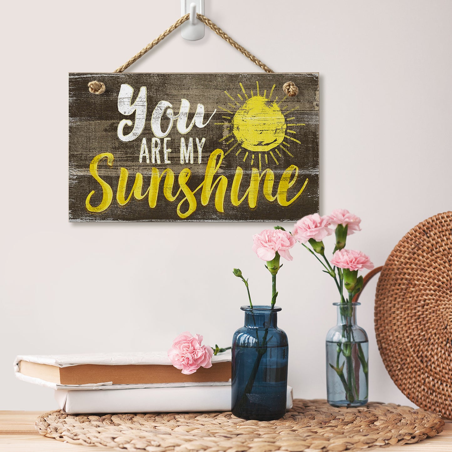 Highland Home You Are My Sunshine Decorative Hanging Wood Wall Sign 9.5” x 5.75” Made in the USA Features Braided Rope Hanger
