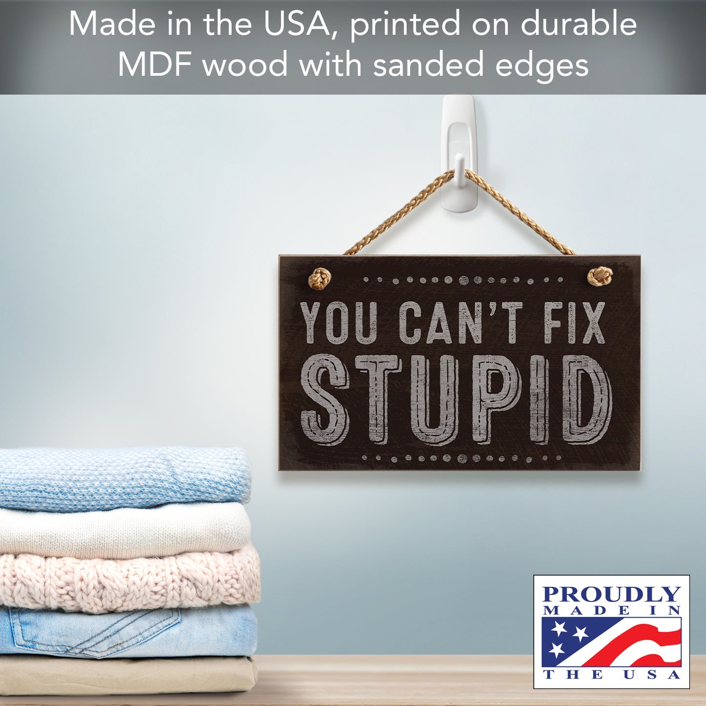 CounterArt You Can't Fix Stupid Humorous Hanging Wood Wall Sign 9.5” x 5.75” Made in the USA Features Braided Rope Hanger