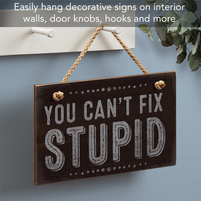 CounterArt You Can't Fix Stupid Humorous Hanging Wood Wall Sign 9.5” x 5.75” Made in the USA Features Braided Rope Hanger