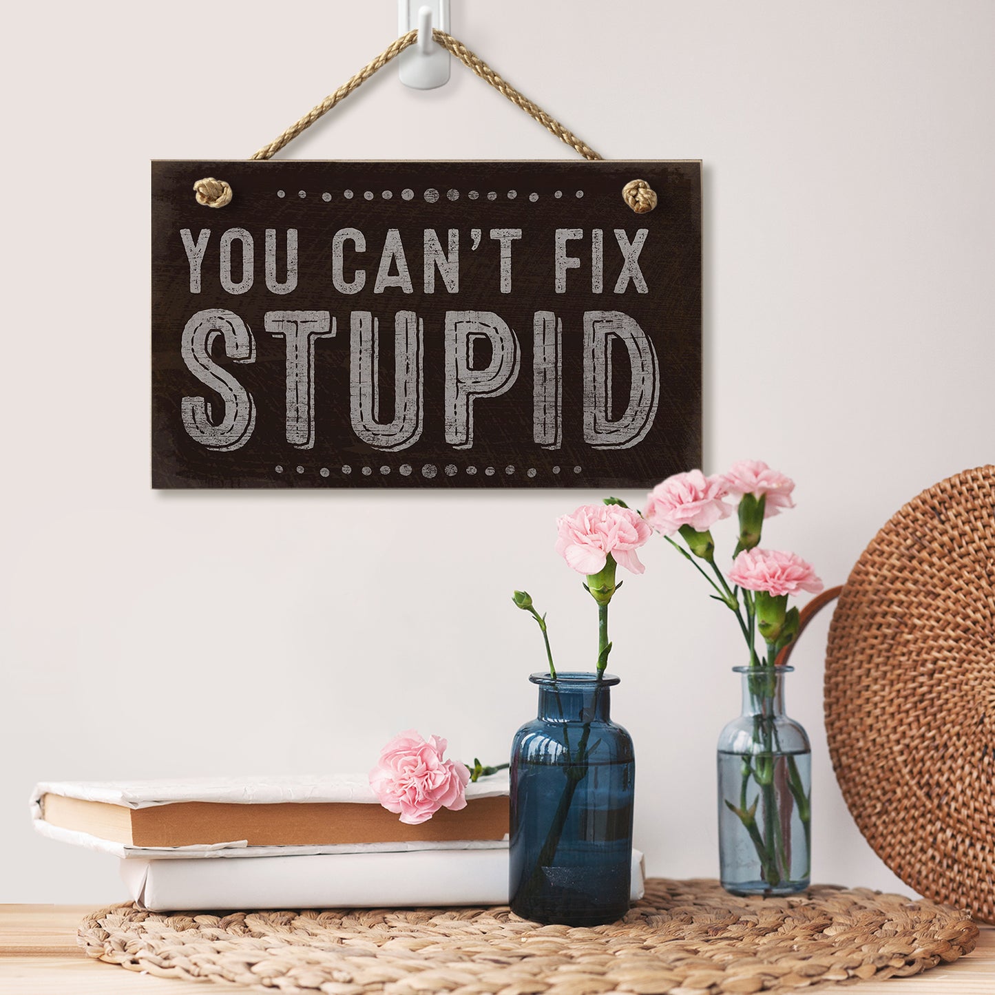 CounterArt You Can't Fix Stupid Humorous Hanging Wood Wall Sign 9.5” x 5.75” Made in the USA Features Braided Rope Hanger
