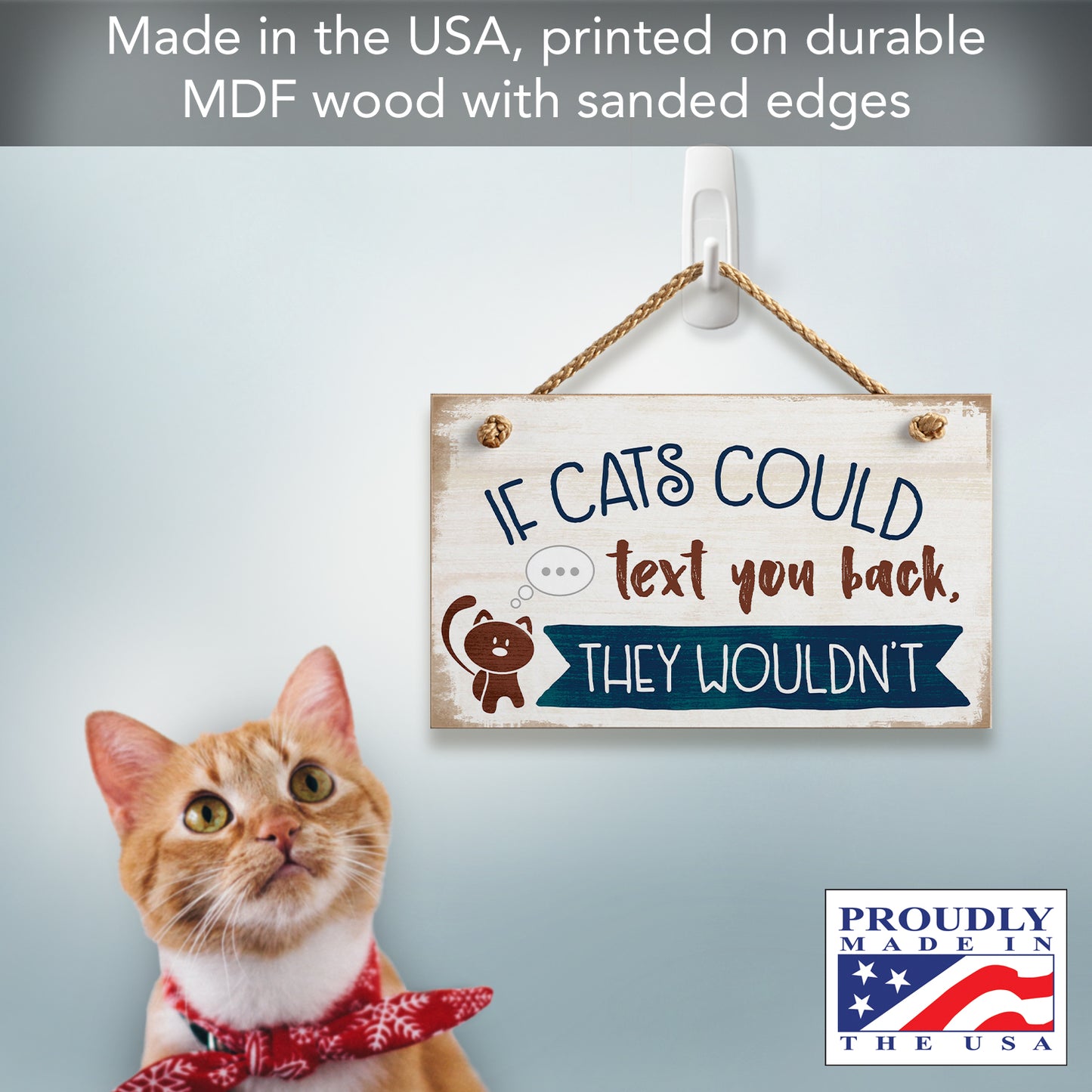 Highland Woodcrafters CounterArt If Cats Could Text Humorous Hanging Wood Wall Sign 9.5” by 5.75” Made in the USA Features Braided Rope Hanger
