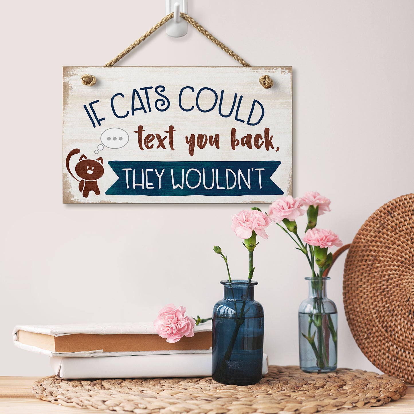 Highland Woodcrafters CounterArt If Cats Could Text Humorous Hanging Wood Wall Sign 9.5” by 5.75” Made in the USA Features Braided Rope Hanger