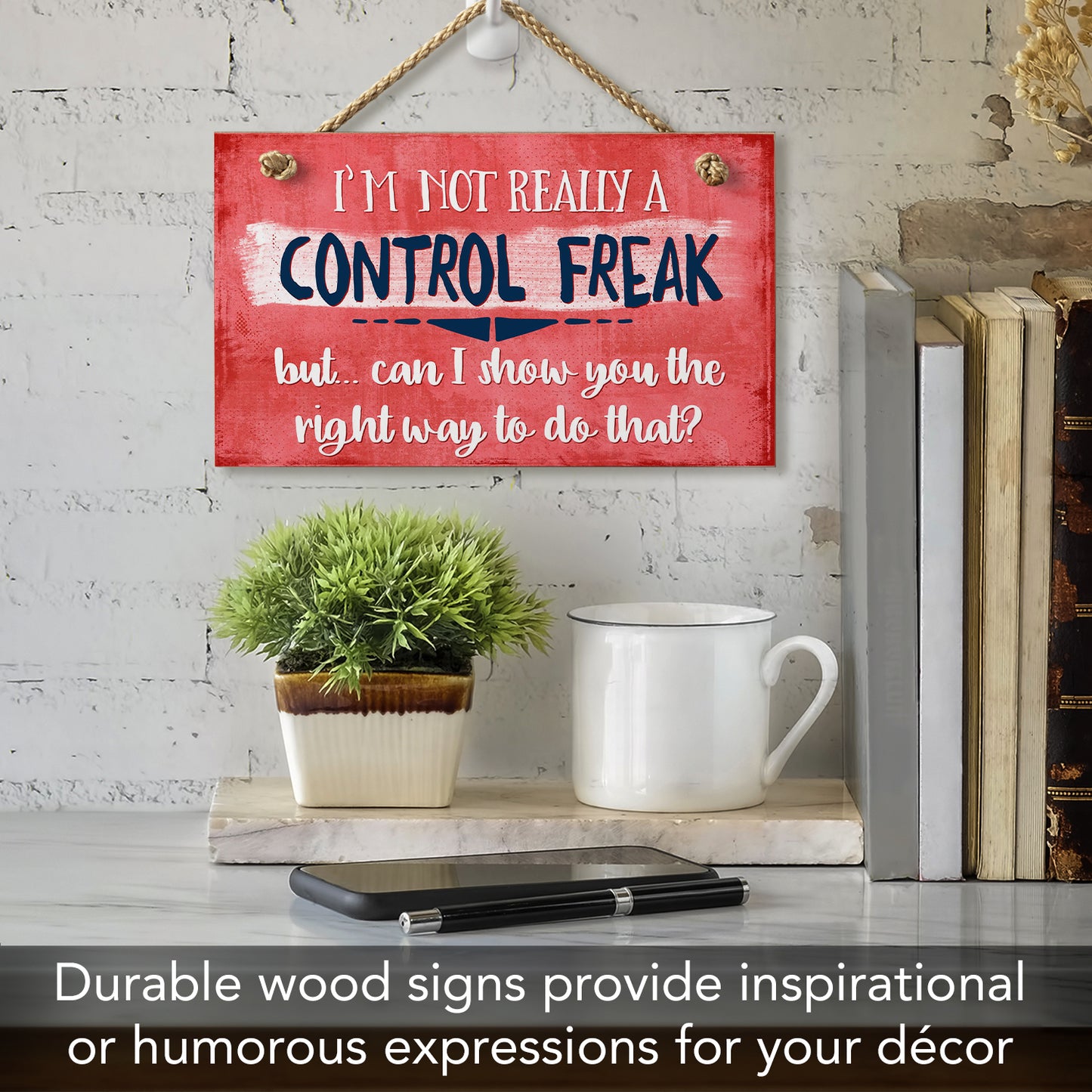 Highland Home Control Freak Humorous Hanging Wood Wall Sign 9.5” x 5.75” Made in the USA Features Braided Rope Hanger