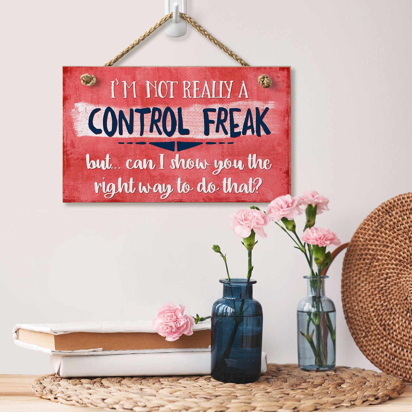 Highland Home Control Freak Humorous Hanging Wood Wall Sign 9.5” x 5.75” Made in the USA Features Braided Rope Hanger