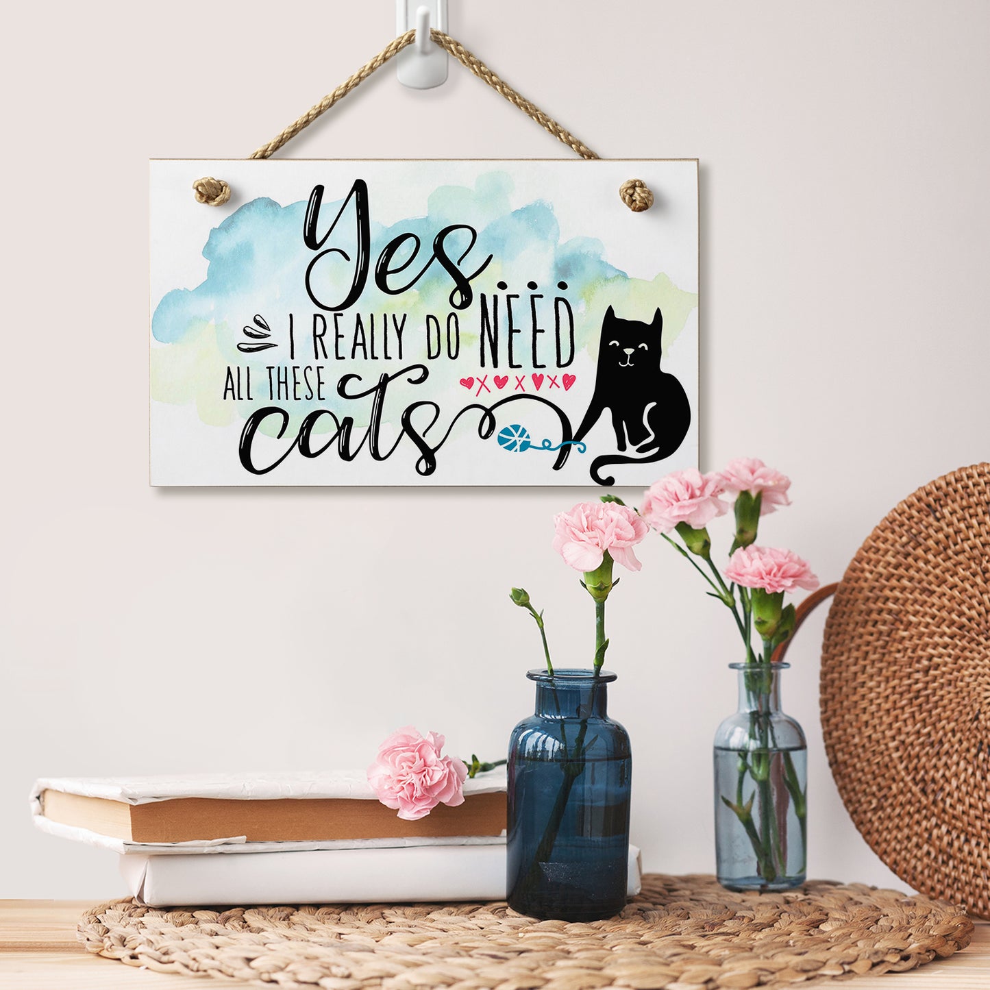 CounterArt Yes All Cats Decorative Hanging Wood Wall Sign 9.5” x 5.75” Made in the USA Features Braided Rope Hanger