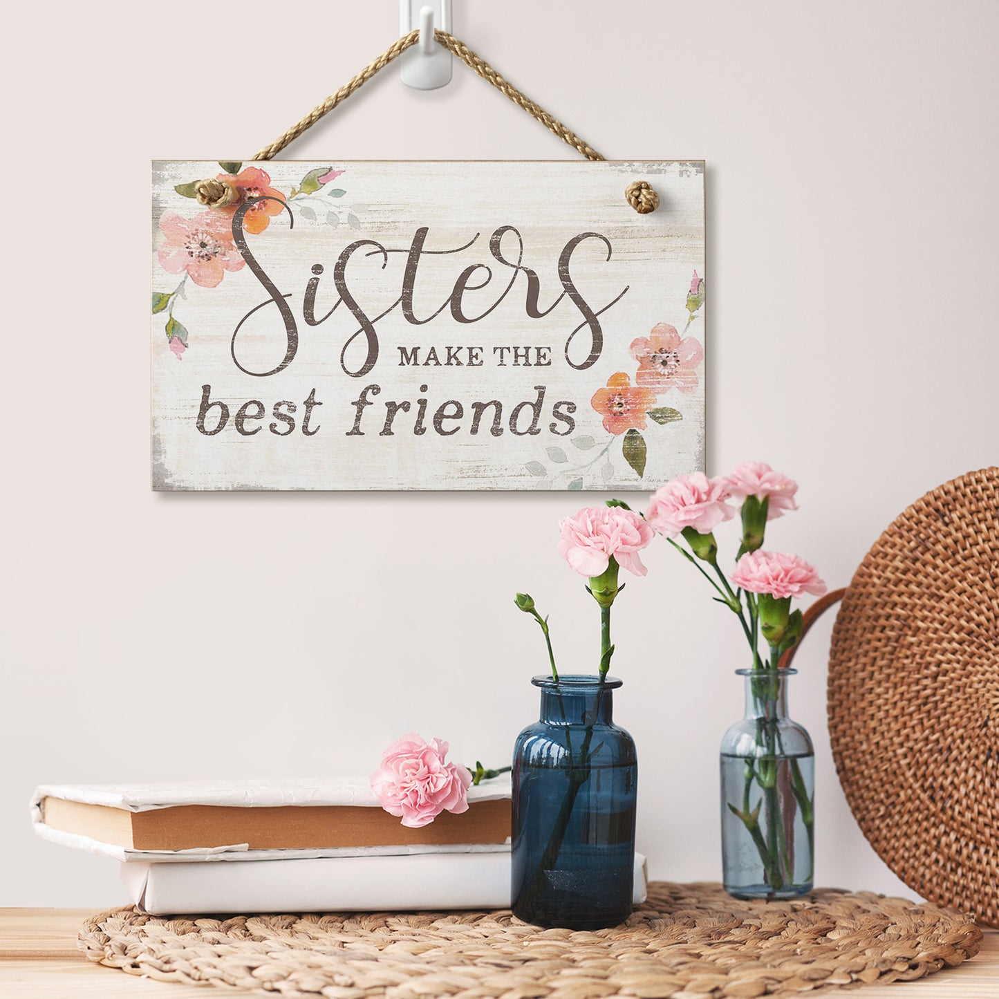 CounterArt Sisters Make Best Friends Decorative Hanging Wood Wall Sign 9.5” x 5.75” Made in the USA Features Braided Rope Hanger