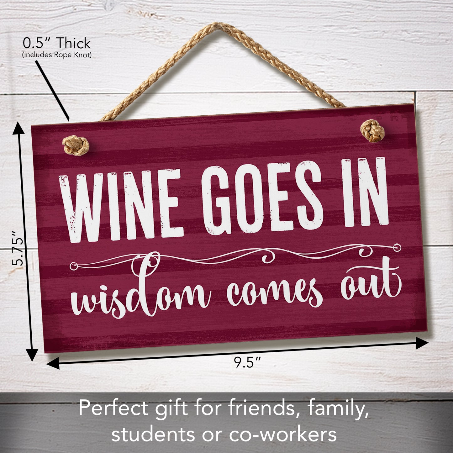 CounterArt Wine Goes In Wisdom Comes Out Decorative Hanging Wood Wall Sign 9.5” x 5.75” Made in the USA Features Braided Rope Hanger