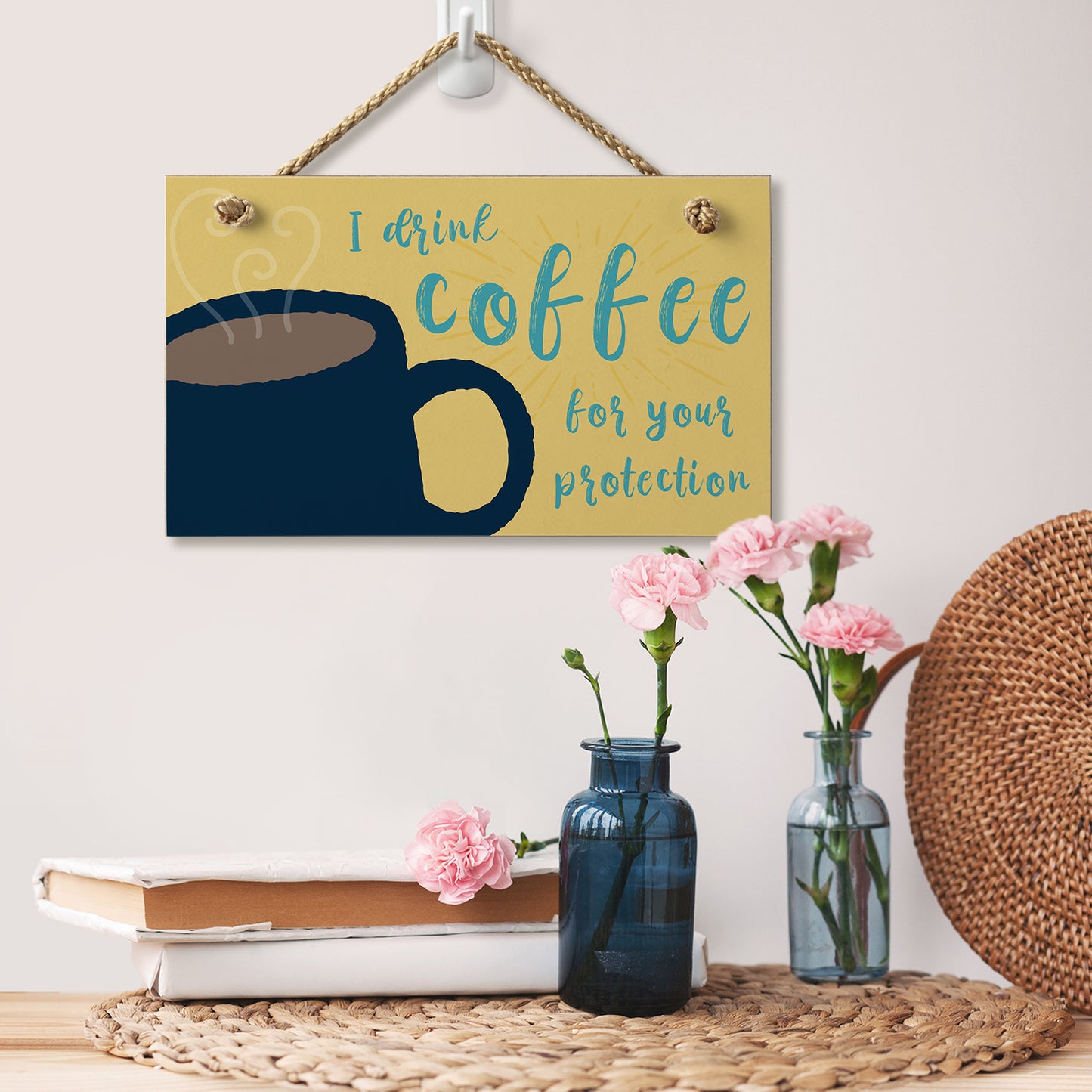 CounterArt "I Drink Coffee For Your Protection" Humorous Hanging Wood Wall Sign with Braided Rope Hanger 9.5" x 5.75" Made in the USA