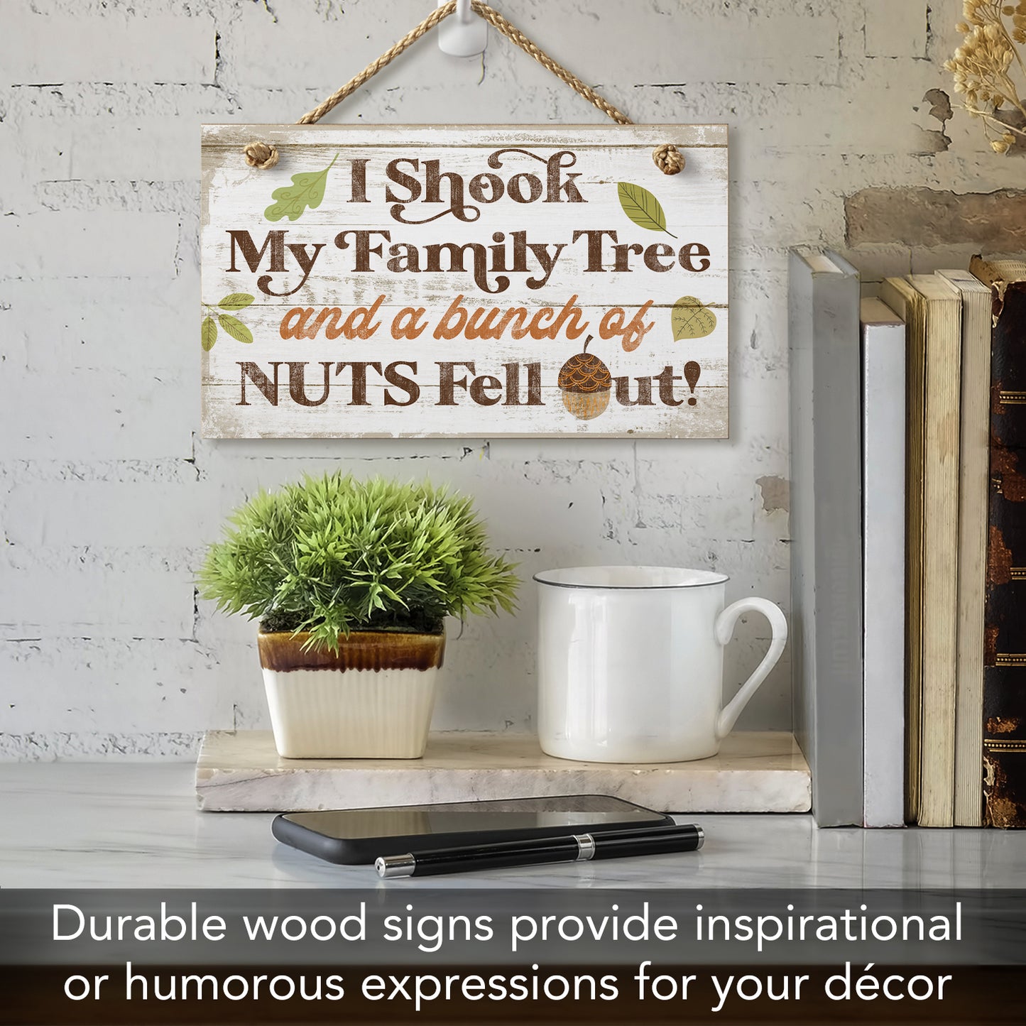 Highland Home I Shook My Family Tree Humorous Hanging Wood Wall Sign 9.5” x 5.75” Made in the USA Features Braided Rope Hanger