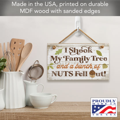 Highland Home I Shook My Family Tree Humorous Hanging Wood Wall Sign 9.5” x 5.75” Made in the USA Features Braided Rope Hanger