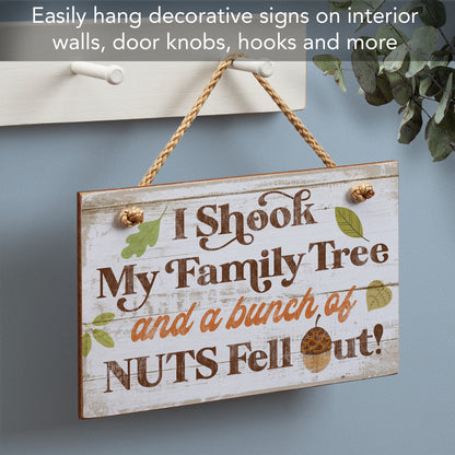 Highland Home I Shook My Family Tree Humorous Hanging Wood Wall Sign 9.5” x 5.75” Made in the USA Features Braided Rope Hanger