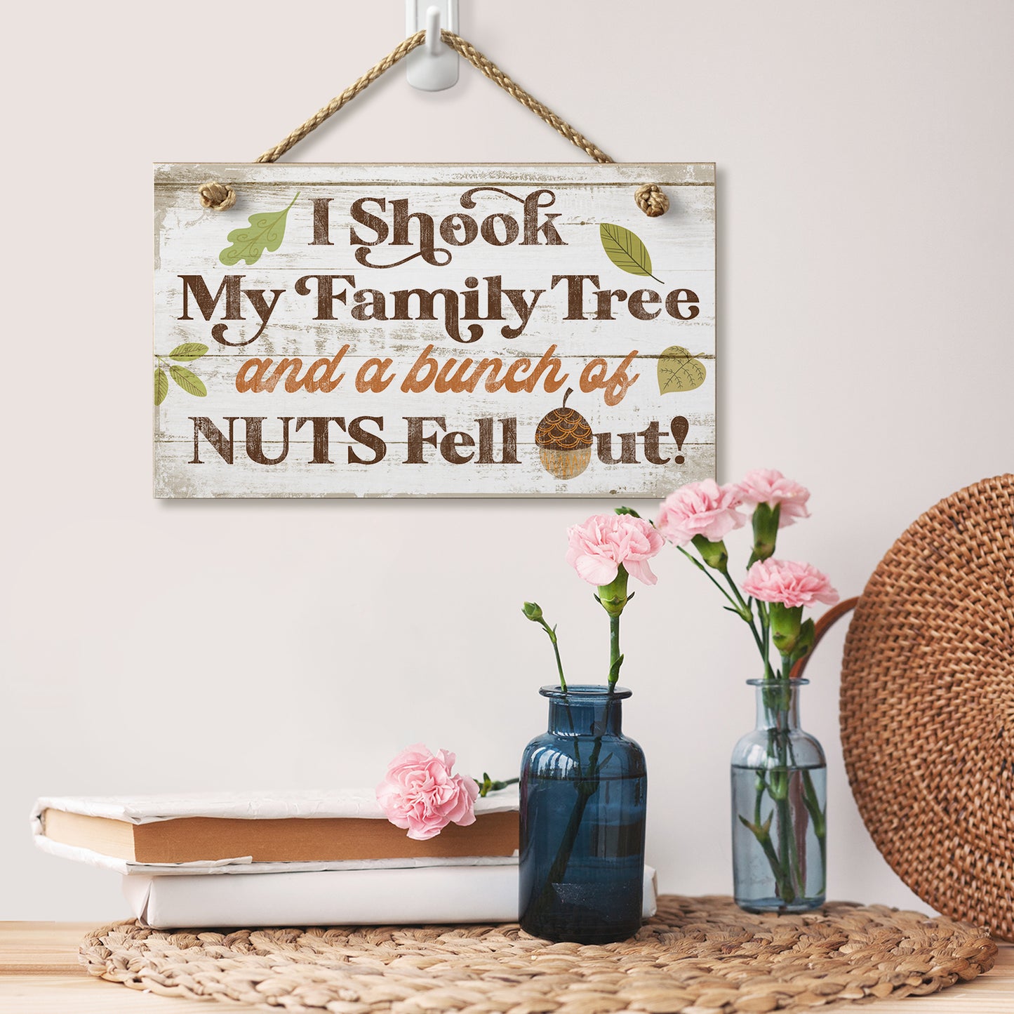 Highland Home I Shook My Family Tree Humorous Hanging Wood Wall Sign 9.5” x 5.75” Made in the USA Features Braided Rope Hanger