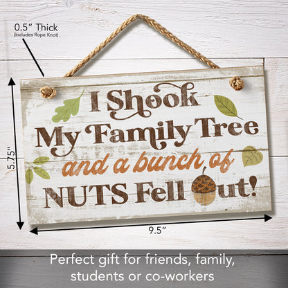 Highland Home I Shook My Family Tree Humorous Hanging Wood Wall Sign 9.5” x 5.75” Made in the USA Features Braided Rope Hanger