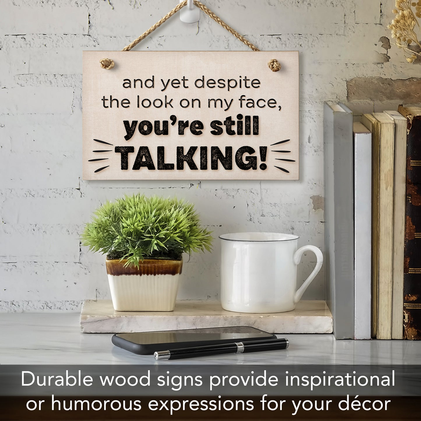 CounterArt "Despite The Look On My Face You're Still Talking" Decorative Hanging Wood Wall Sign 9.5” x 5.75” Made in the USA Features Braided Rope Hanger