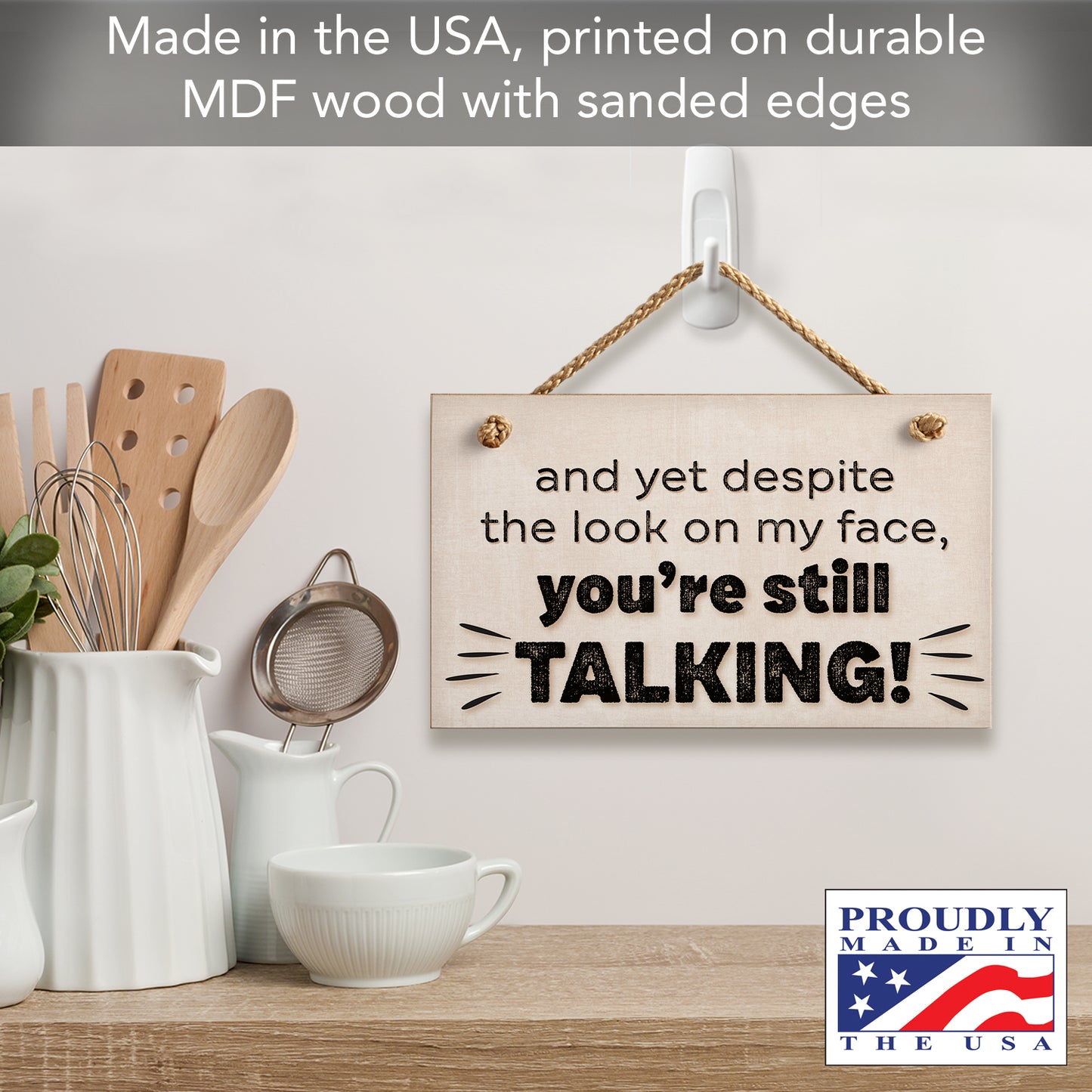 CounterArt "Despite The Look On My Face You're Still Talking" Decorative Hanging Wood Wall Sign 9.5” x 5.75” Made in the USA Features Braided Rope Hanger