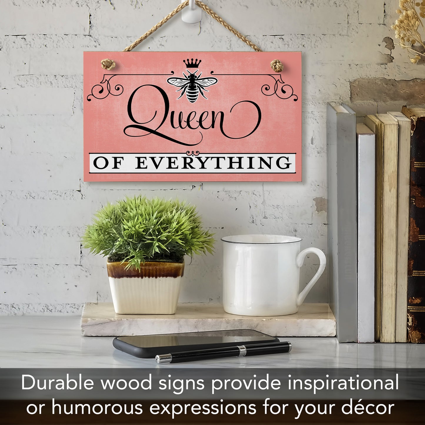 CounterArt Queen Of Everything Decorative Hanging Wood Wall Sign 9.5” x 5.75” Made in the USA Featured Braided Rope Hanger