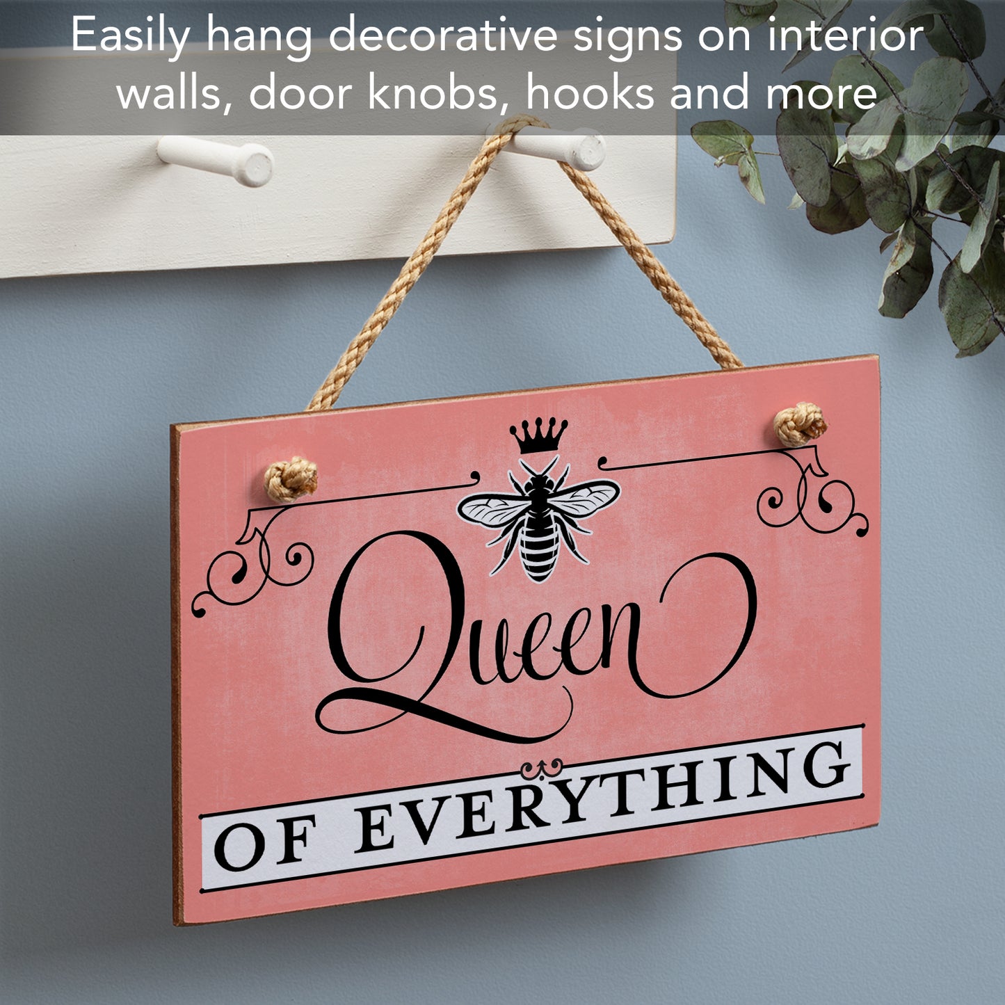 CounterArt Queen Of Everything Decorative Hanging Wood Wall Sign 9.5” x 5.75” Made in the USA Featured Braided Rope Hanger