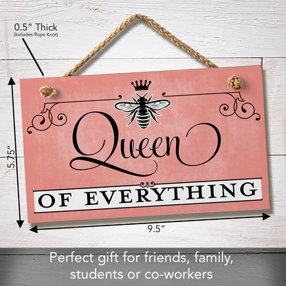CounterArt Queen Of Everything Decorative Hanging Wood Wall Sign 9.5” x 5.75” Made in the USA Featured Braided Rope Hanger