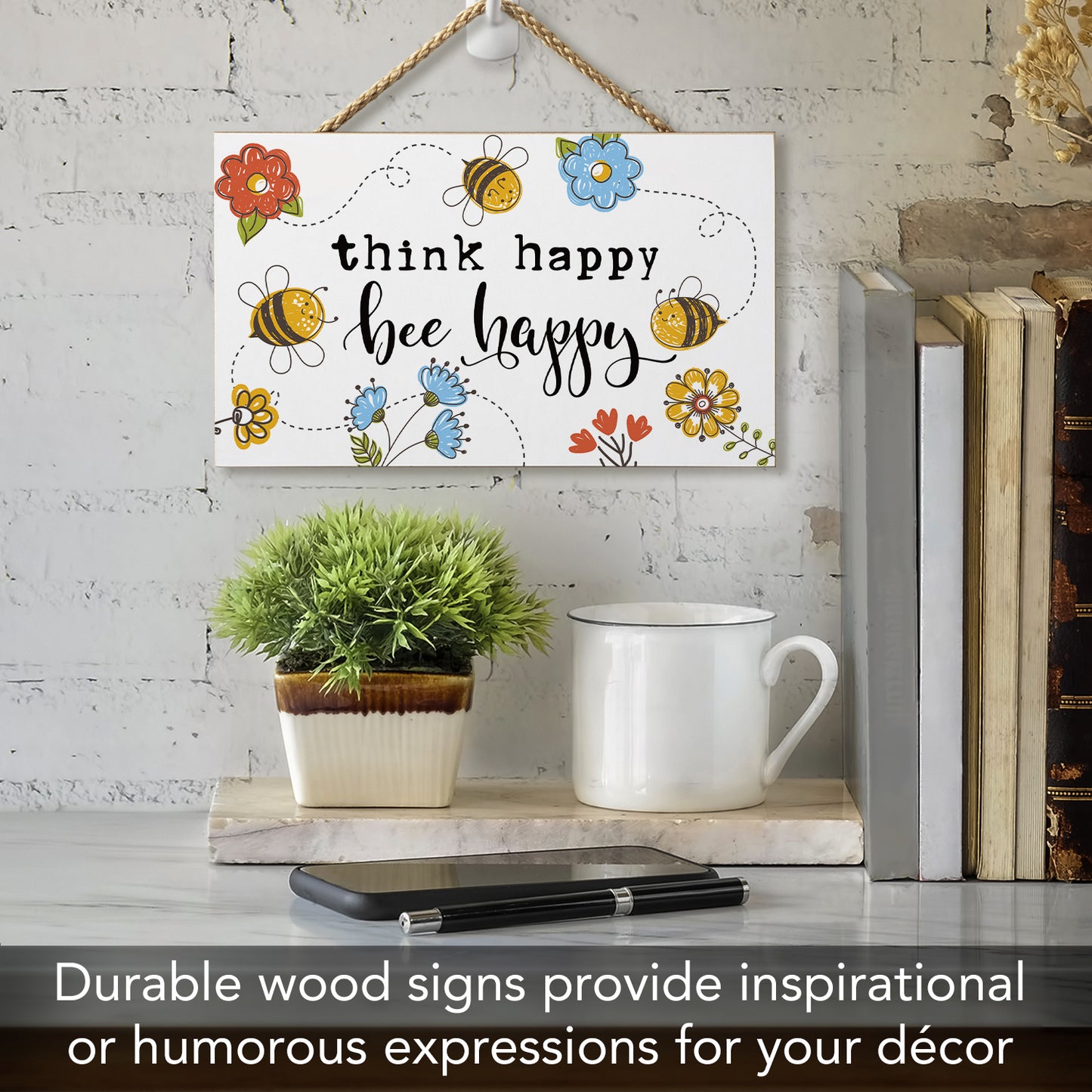 CounterArt Think Happy Bee Happy Decorative Hanging Wood Wall Sign 9.5" by 5.75" Made in the USA Features Braided Rope Hanger