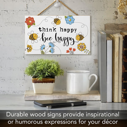 CounterArt Think Happy Bee Happy Decorative Hanging Wood Wall Sign 9.5" by 5.75" Made in the USA Features Braided Rope Hanger