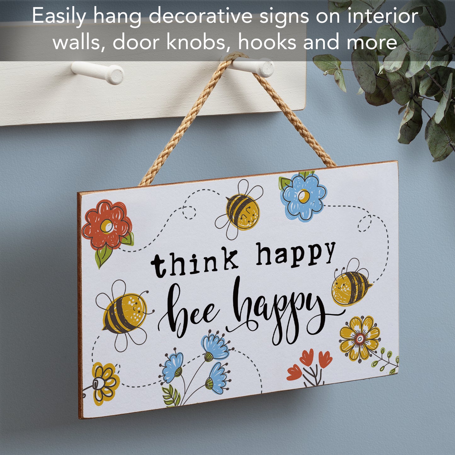 CounterArt Think Happy Bee Happy Decorative Hanging Wood Wall Sign 9.5" by 5.75" Made in the USA Features Braided Rope Hanger