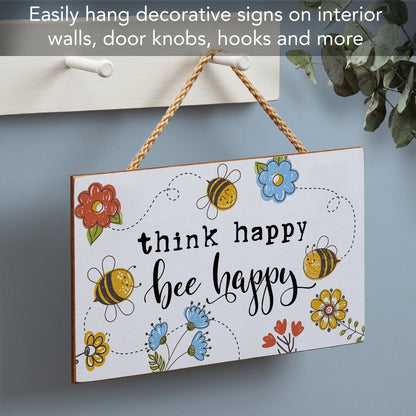 CounterArt Think Happy Bee Happy Decorative Hanging Wood Wall Sign 9.5" by 5.75" Made in the USA Features Braided Rope Hanger