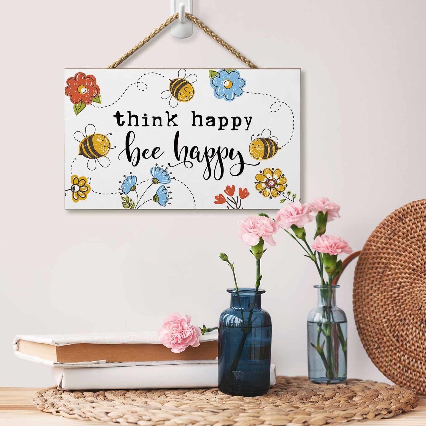 CounterArt Think Happy Bee Happy Decorative Hanging Wood Wall Sign 9.5" by 5.75" Made in the USA Features Braided Rope Hanger