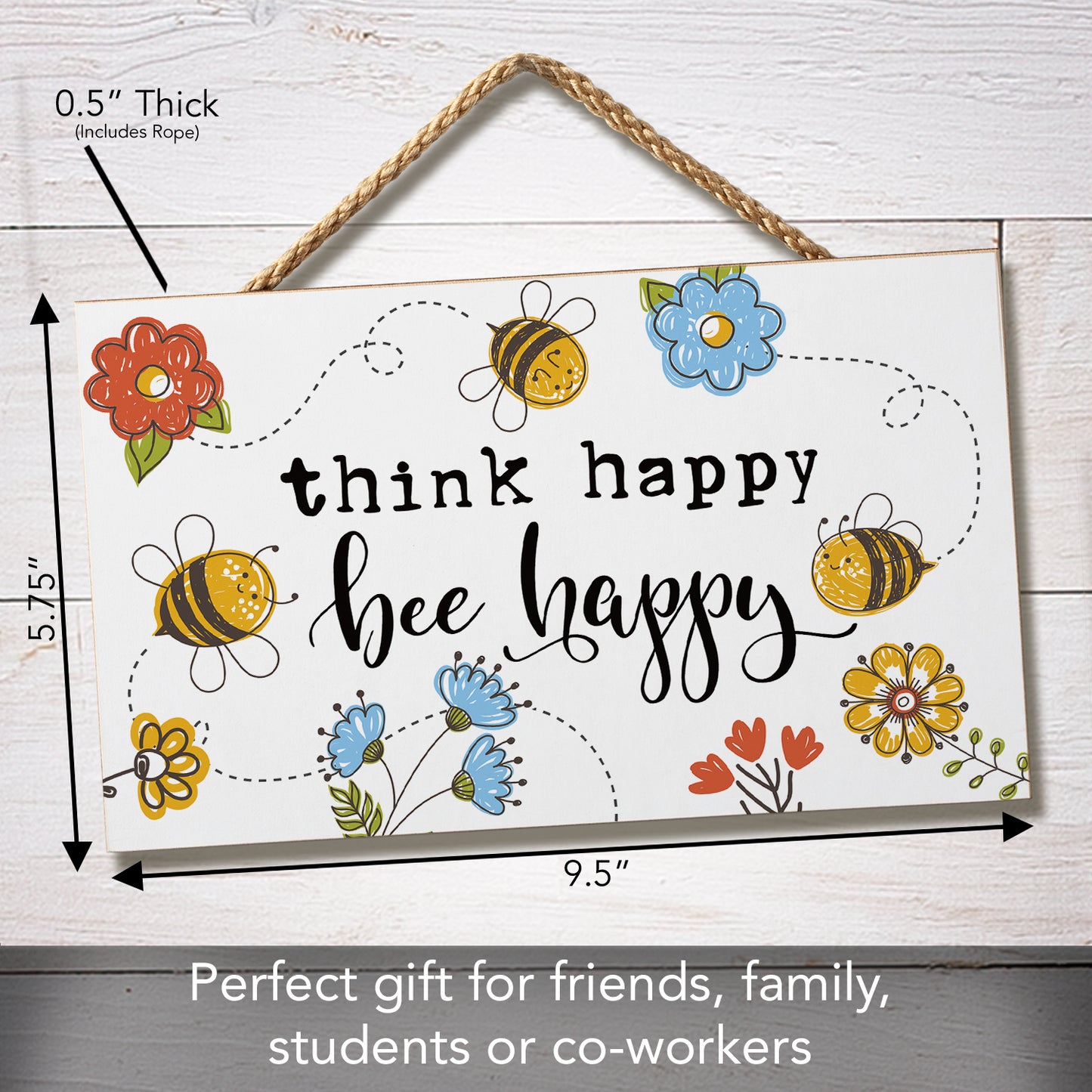 CounterArt Think Happy Bee Happy Decorative Hanging Wood Wall Sign 9.5" by 5.75" Made in the USA Features Braided Rope Hanger