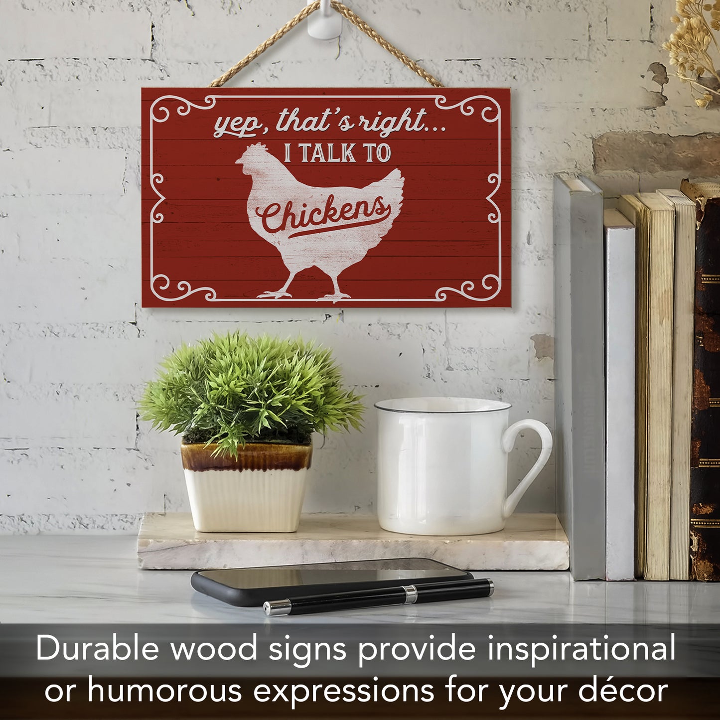 CounterArt I Talk To Chickens Decorative Hanging Wood Wall Sign 9.5" by 5.75" Made in the USA Features Braided Rope Hanger
