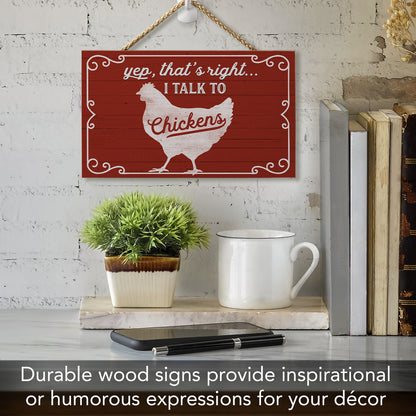 CounterArt I Talk To Chickens Decorative Hanging Wood Wall Sign 9.5" by 5.75" Made in the USA Features Braided Rope Hanger