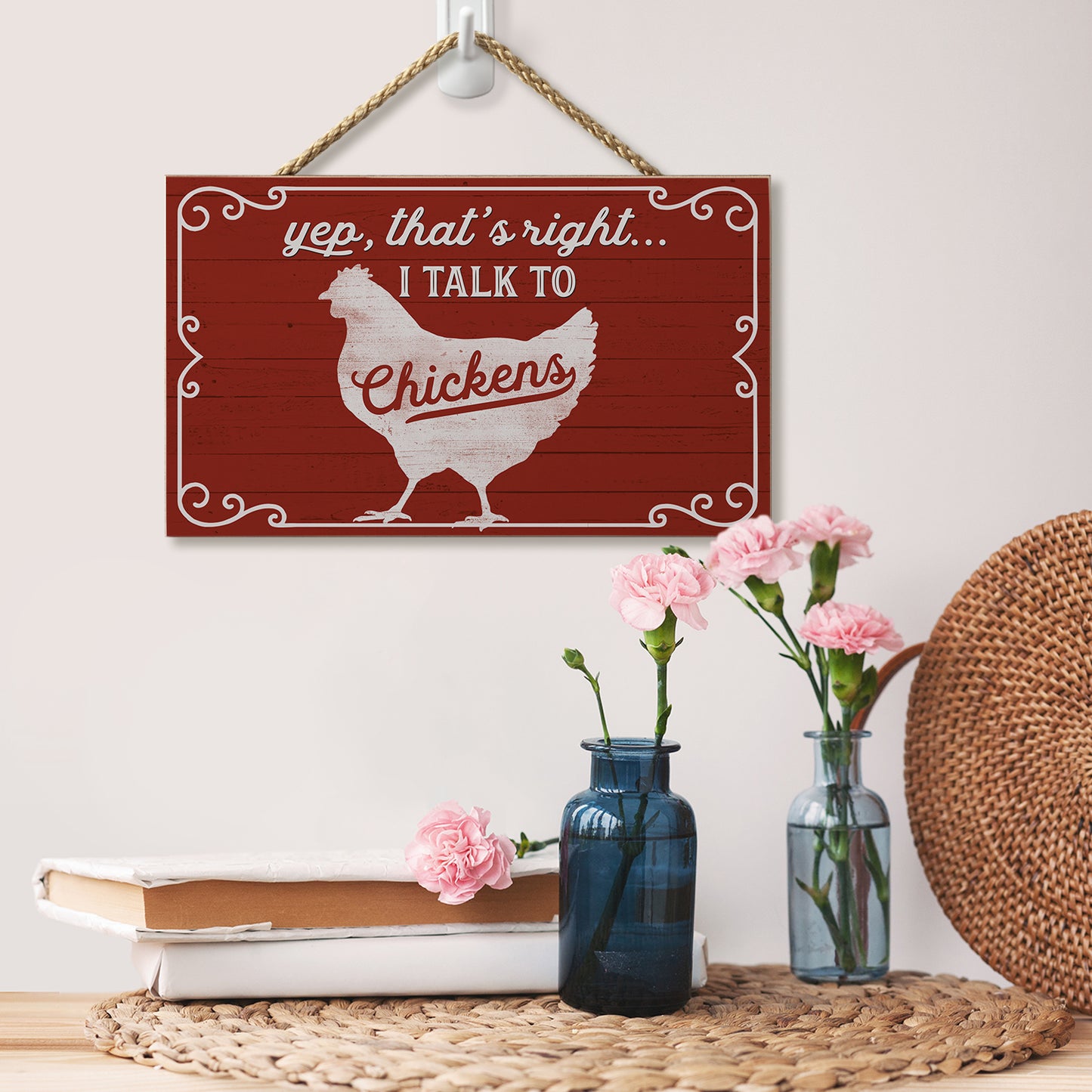CounterArt I Talk To Chickens Decorative Hanging Wood Wall Sign 9.5" by 5.75" Made in the USA Features Braided Rope Hanger