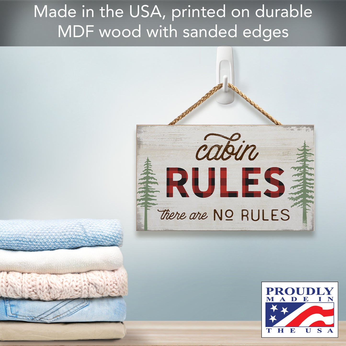 CounterArt Cabin Rules Decorative Hanging Wood Wall Sign with Braided Rope Hanger 9.5” by 5.75” Made in the USA