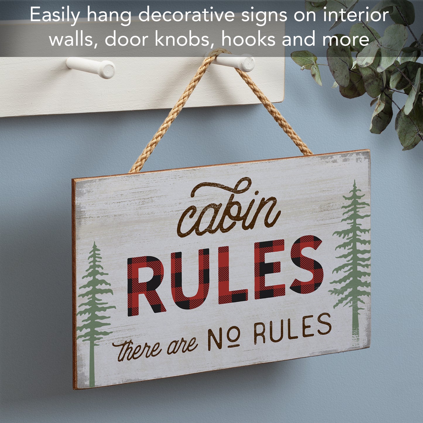 CounterArt Cabin Rules Decorative Hanging Wood Wall Sign with Braided Rope Hanger 9.5” by 5.75” Made in the USA