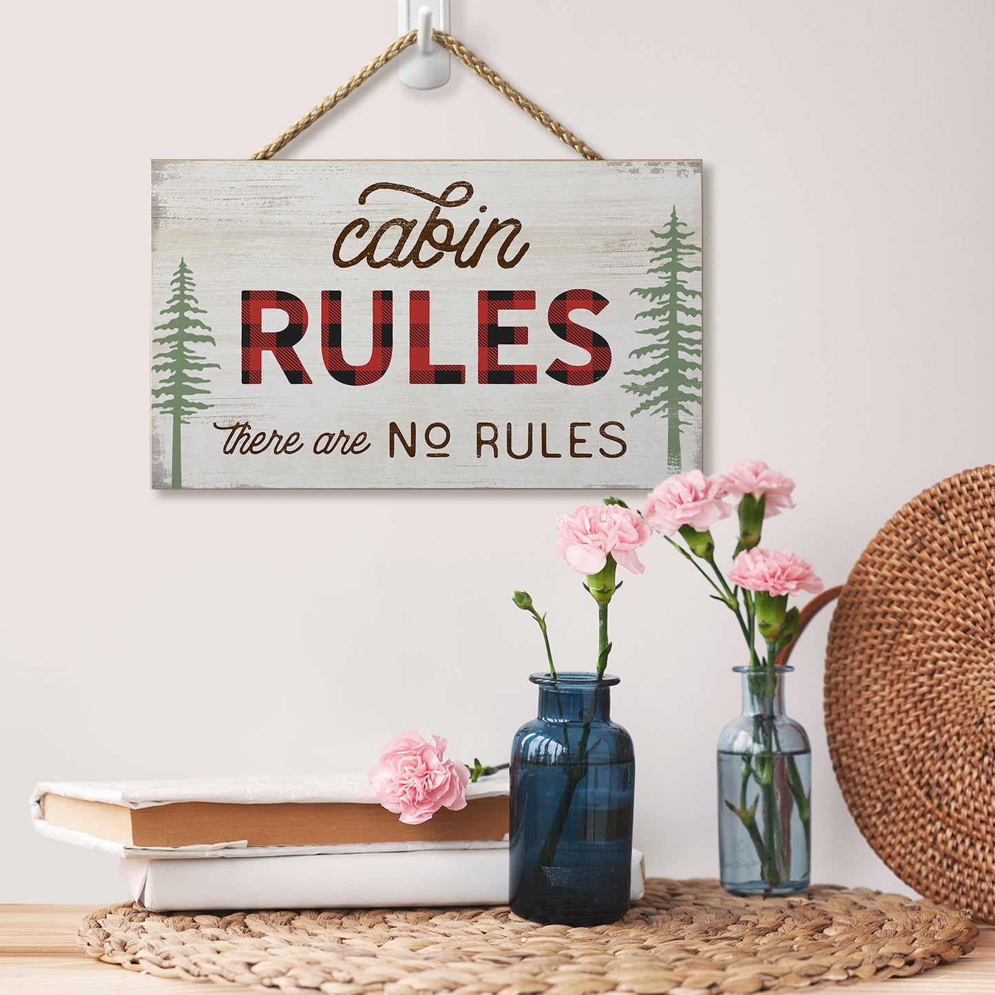 CounterArt Cabin Rules Decorative Hanging Wood Wall Sign with Braided Rope Hanger 9.5” by 5.75” Made in the USA