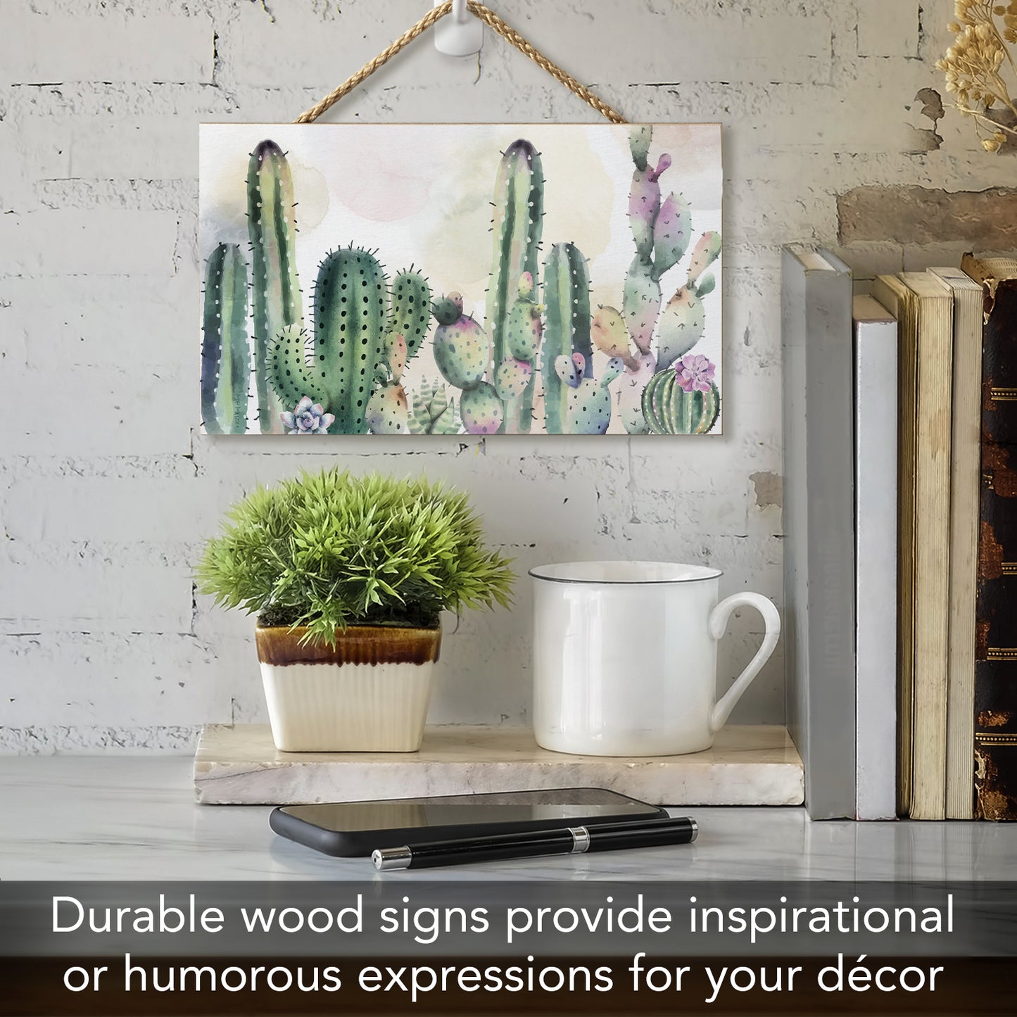 CounterArt Watercolor Cactus Decorative Hanging Wood Wall with Braided Rope Hanger Sign 9.5” by 5.75” Made in the USA