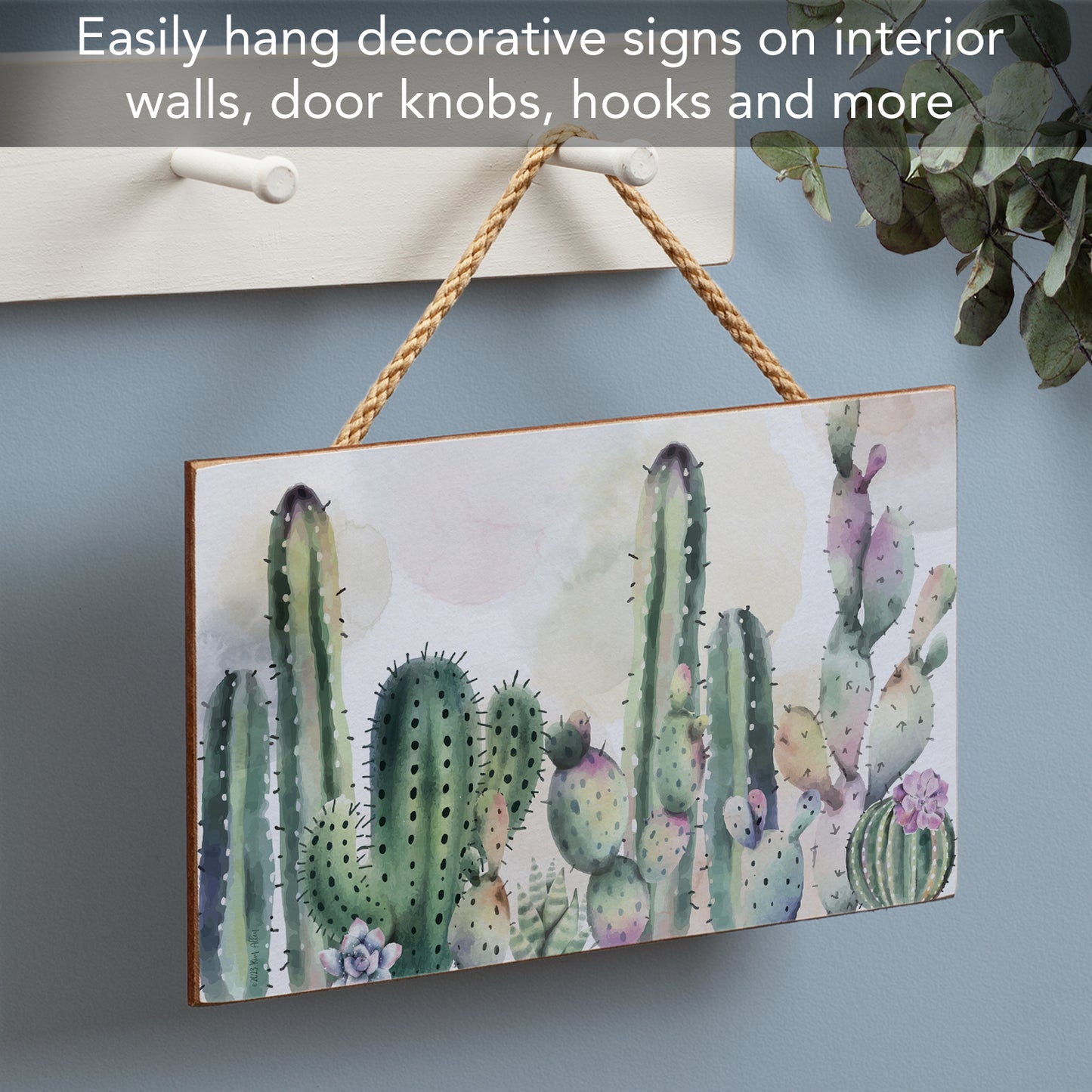 CounterArt Watercolor Cactus Decorative Hanging Wood Wall with Braided Rope Hanger Sign 9.5” by 5.75” Made in the USA