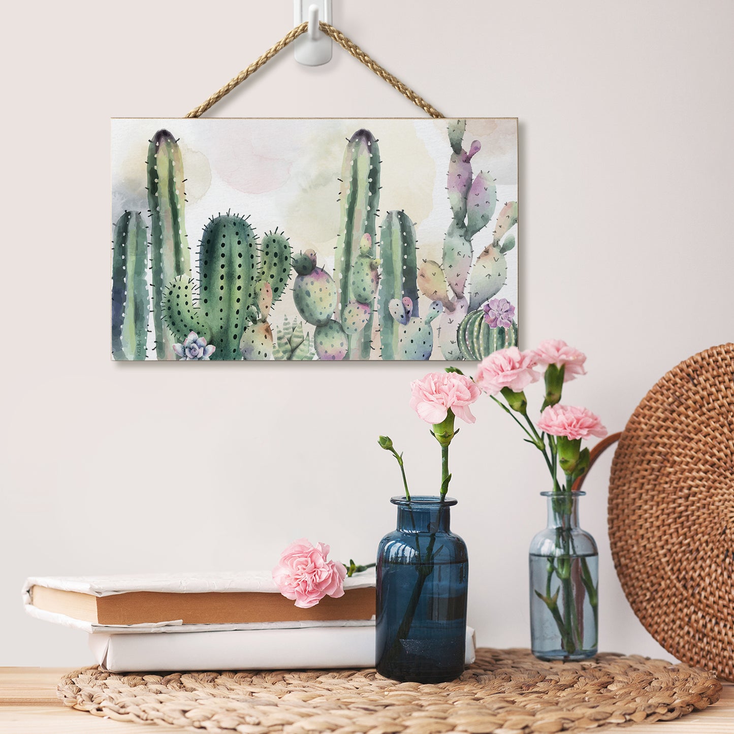 CounterArt Watercolor Cactus Decorative Hanging Wood Wall with Braided Rope Hanger Sign 9.5” by 5.75” Made in the USA