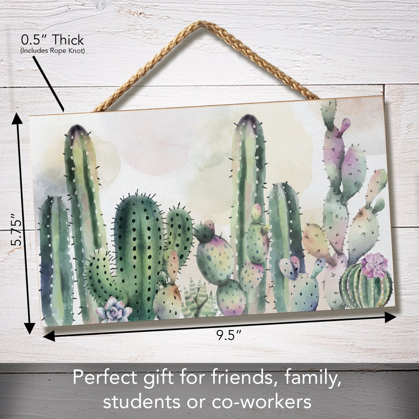 CounterArt Watercolor Cactus Decorative Hanging Wood Wall with Braided Rope Hanger Sign 9.5” by 5.75” Made in the USA