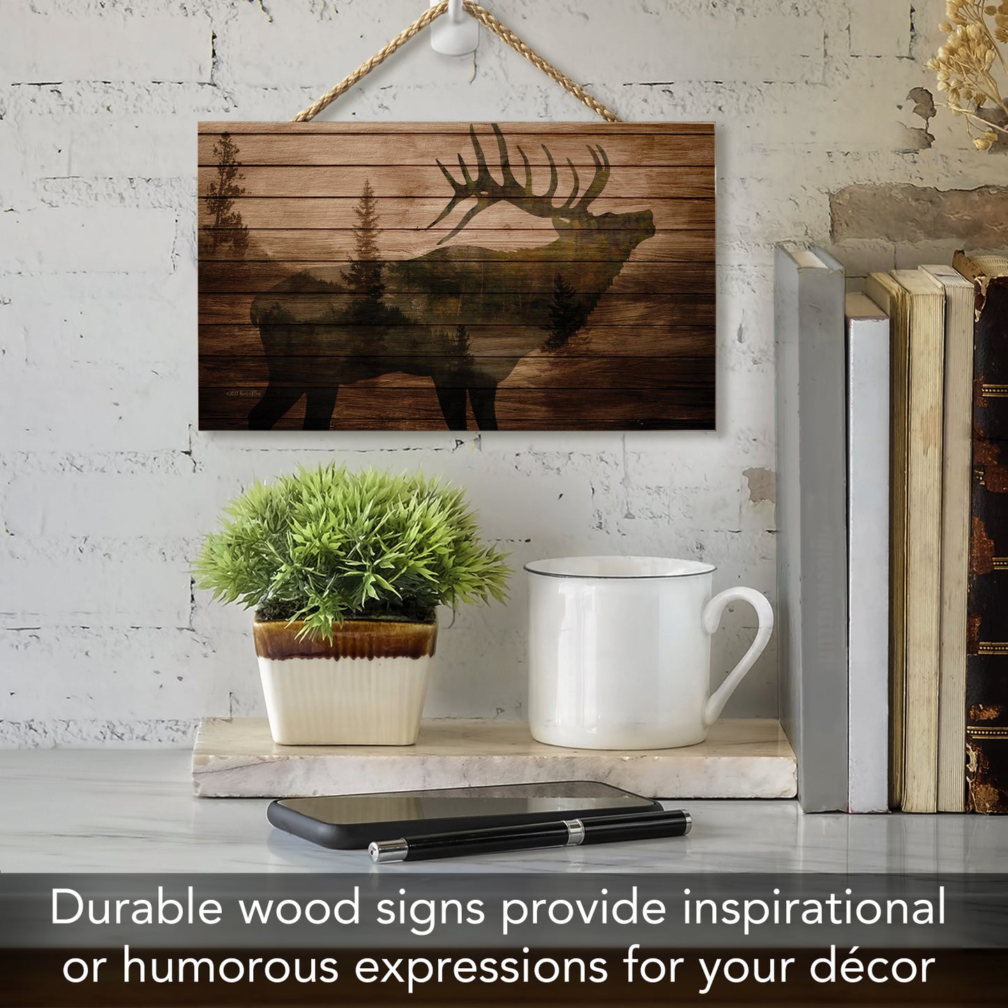 CounterArt Elk in the Woods Hanging Wood Wall Sign with Braided Rope Hanger 9.5” by 5.75” Made in the USA