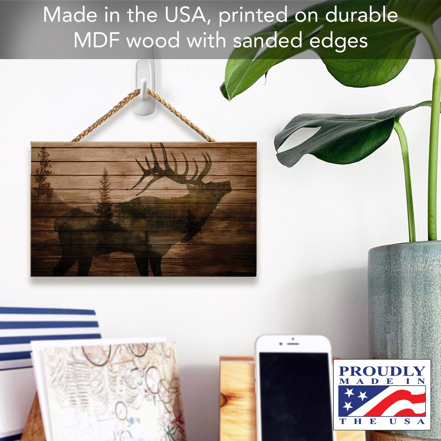 CounterArt Elk in the Woods Hanging Wood Wall Sign with Braided Rope Hanger 9.5” by 5.75” Made in the USA