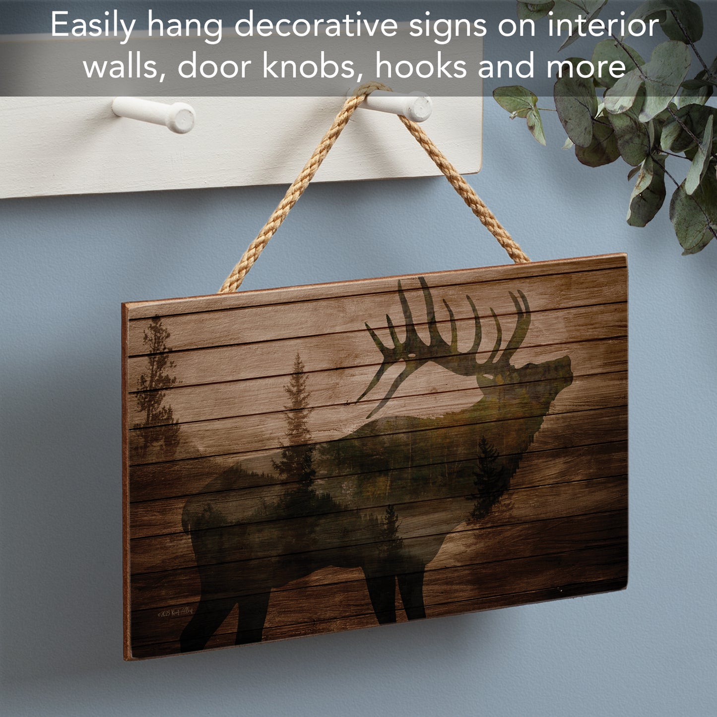 CounterArt Elk in the Woods Hanging Wood Wall Sign with Braided Rope Hanger 9.5” by 5.75” Made in the USA
