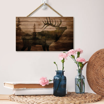 CounterArt Elk in the Woods Hanging Wood Wall Sign with Braided Rope Hanger 9.5” by 5.75” Made in the USA