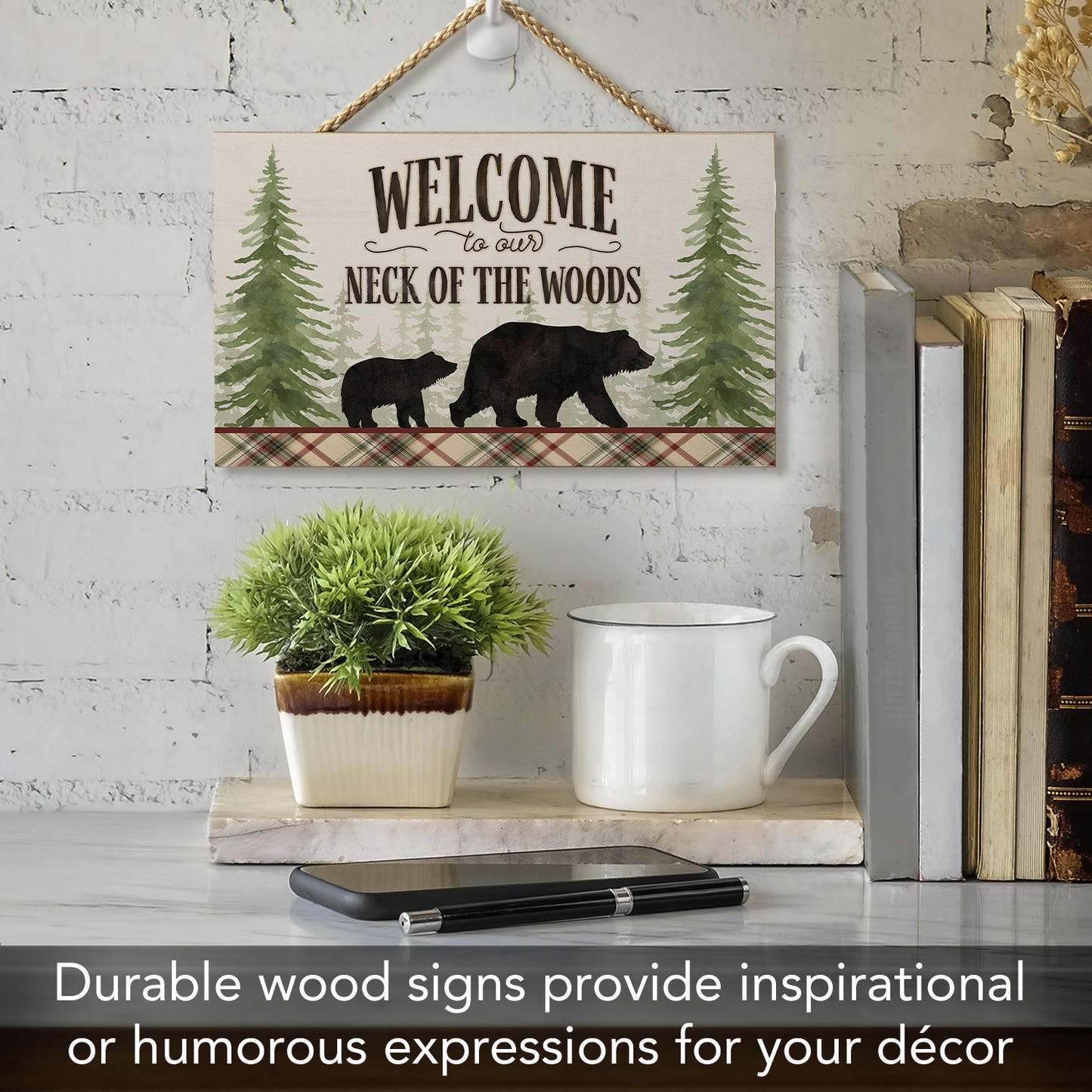 CounterArt Neck of The Woods Hanging Wood Wall Sign with Braided Rope Hanger 9.5” by 5.75” Made in the USA