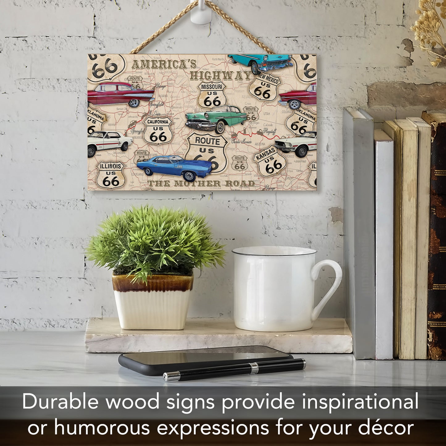 CounterArt Route 66 Map Decorative Hanging Wood Sign 9.5” by 5.75” Made in the USA Includes Attractive Braided Rope Hanger